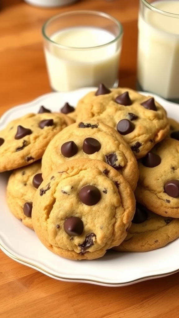 Classic Chocolate Chip Cookies Recipe A plate of warm chocolate chip cookies beside a glass of milk.